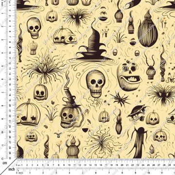 Happy Halloween Krem Zeminli Kurukafa Desenli Tasarım Dijital Baskılı Kumaş1