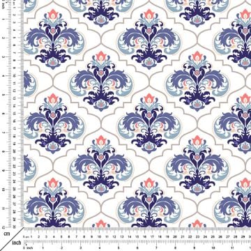 Beyaz Zemin Üzerine Geometrik Desenli İkat Dijital Baskılı Kumaş(SONBAHAR İNDİRİMİ)