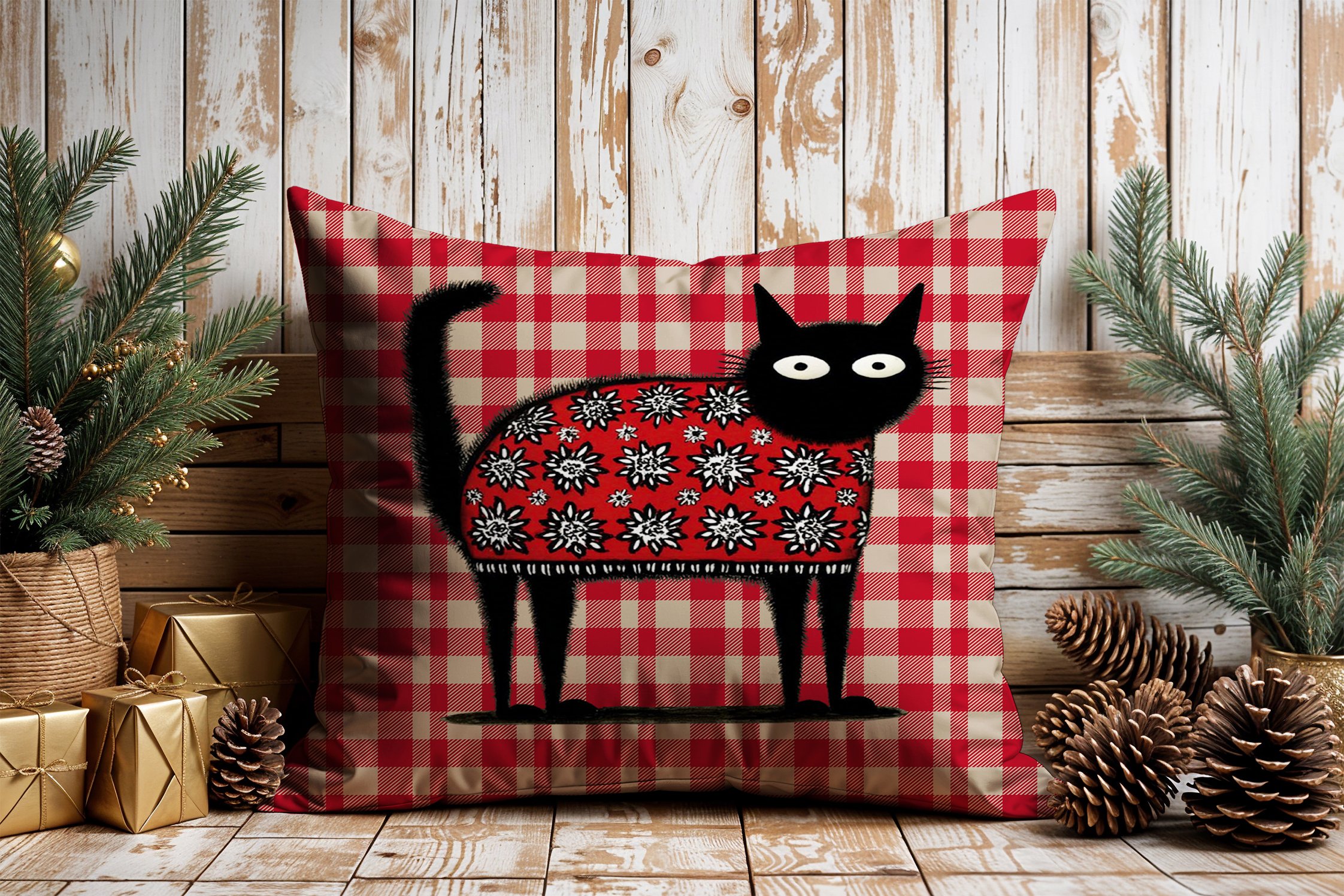 Yılbaşı Koleksiyonu- 45x45 cm Dikilmemiş 2’li Kırlent Paneli – Kırmızı Ekose Zemin Sevimli Kara Kediler