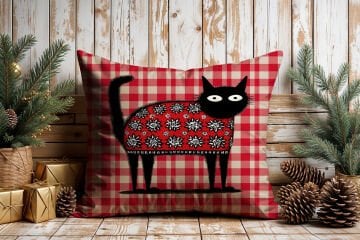 Yılbaşı Koleksiyonu- 45x45 cm Dikilmemiş 2’li Kırlent Paneli – Kırmızı Ekose Zemin Sevimli Kara Kediler