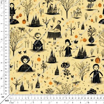 Happy Halloween Krem Zeminli Kurukafa Desenli Tasarım Dijital Baskılı Kumaş2