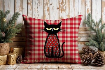 Yılbaşı Koleksiyonu- 45x45 cm Dikilmemiş 2’li Kırlent Paneli – Kırmızı Ekose Zemin Sevimli Kara Kediler