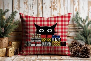 Yılbaşı Koleksiyonu- 45x45 cm Dikilmemiş 2’li Kırlent Paneli – Kırmızı Ekose Zemin Sevimli Kara Kediler