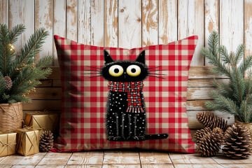 Yılbaşı Koleksiyonu- 45x45 cm Dikilmemiş 2’li Kırlent Paneli – Kırmızı Ekose Zemin Sevimli Kara Kediler