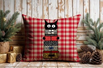 Yılbaşı Koleksiyonu- 45x45 cm Dikilmemiş 2’li Kırlent Paneli – Kırmızı Ekose Zemin Sevimli Kara Kediler