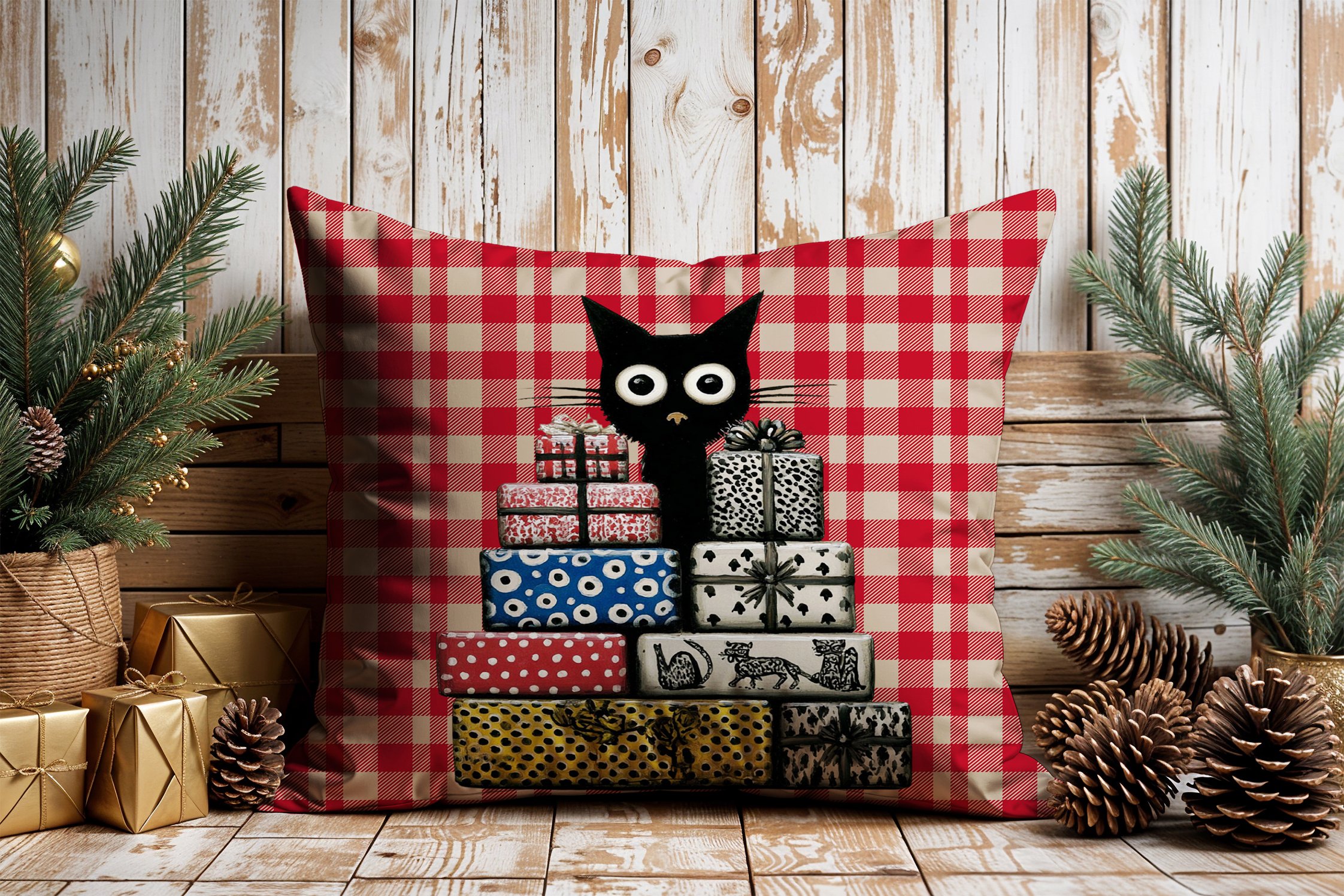 Yılbaşı Koleksiyonu- 45x45 cm Dikilmemiş 2’li Kırlent Paneli – Kırmızı Ekose Zemin Sevimli Kara Kediler