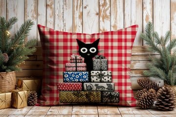 Yılbaşı Koleksiyonu- 45x45 cm Dikilmemiş 2’li Kırlent Paneli – Kırmızı Ekose Zemin Sevimli Kara Kediler