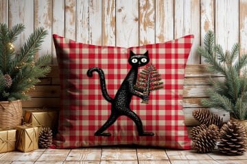 Yılbaşı Koleksiyonu- 45x45 cm Dikilmemiş 2’li Kırlent Paneli – Kırmızı Ekose Zemin Sevimli Kara Kediler