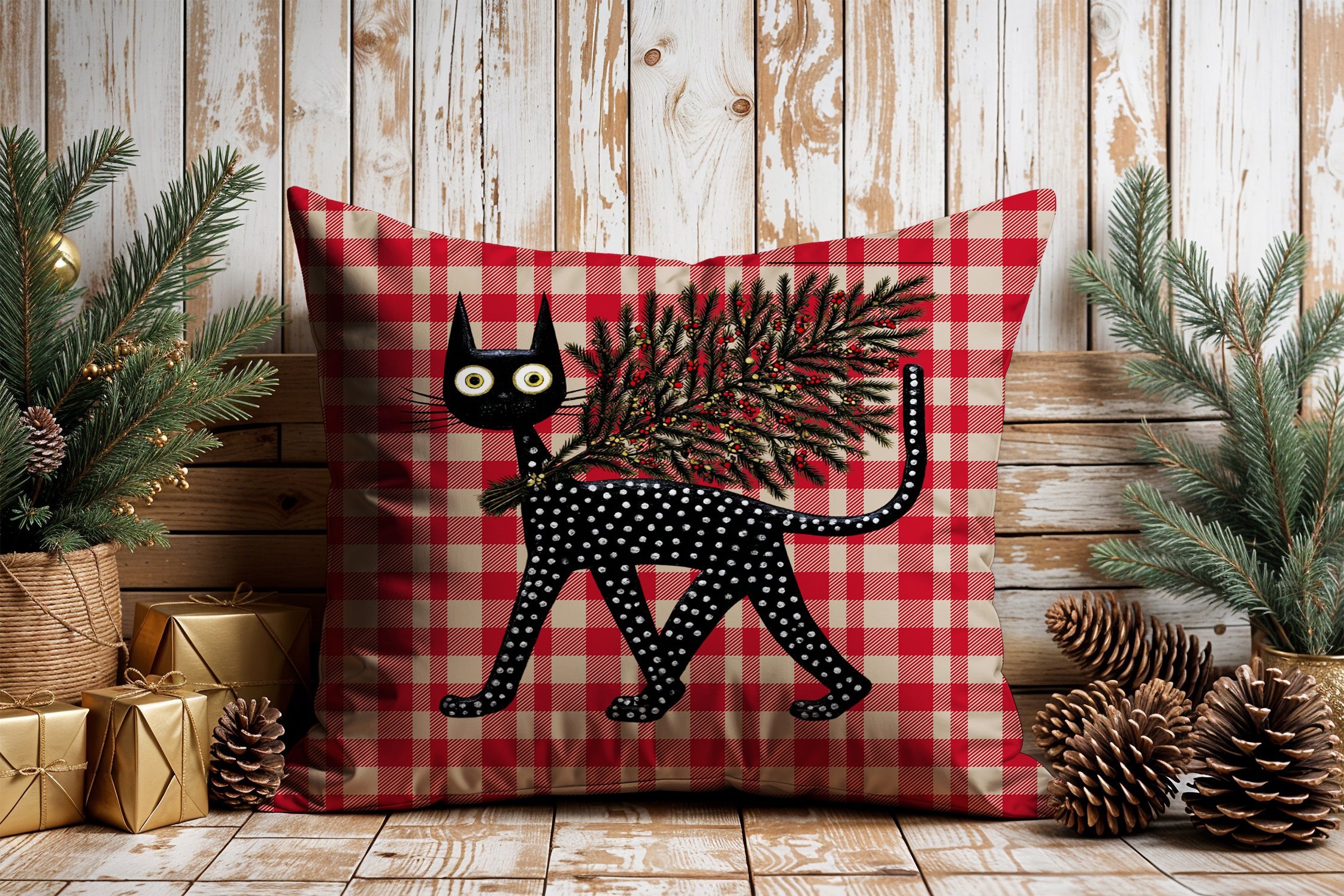 Yılbaşı Koleksiyonu- 45x45 cm Dikilmemiş 2’li Kırlent Paneli – Kırmızı Ekose Zemin Sevimli Kara Kediler