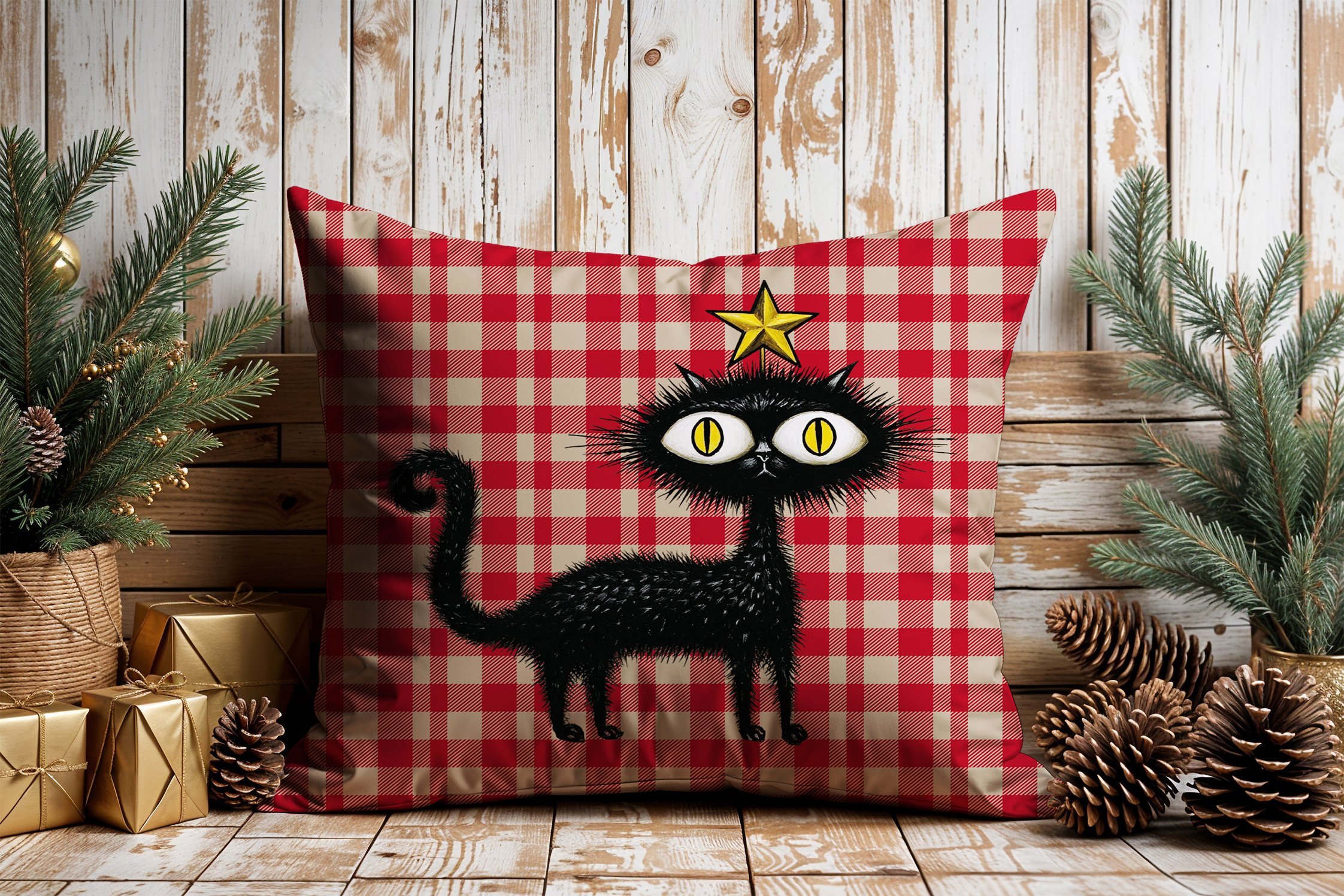 Yılbaşı Koleksiyonu- 45x45 cm Dikilmemiş 2’li Kırlent Paneli – Kırmızı Ekose Zemin Sevimli Kara Kediler