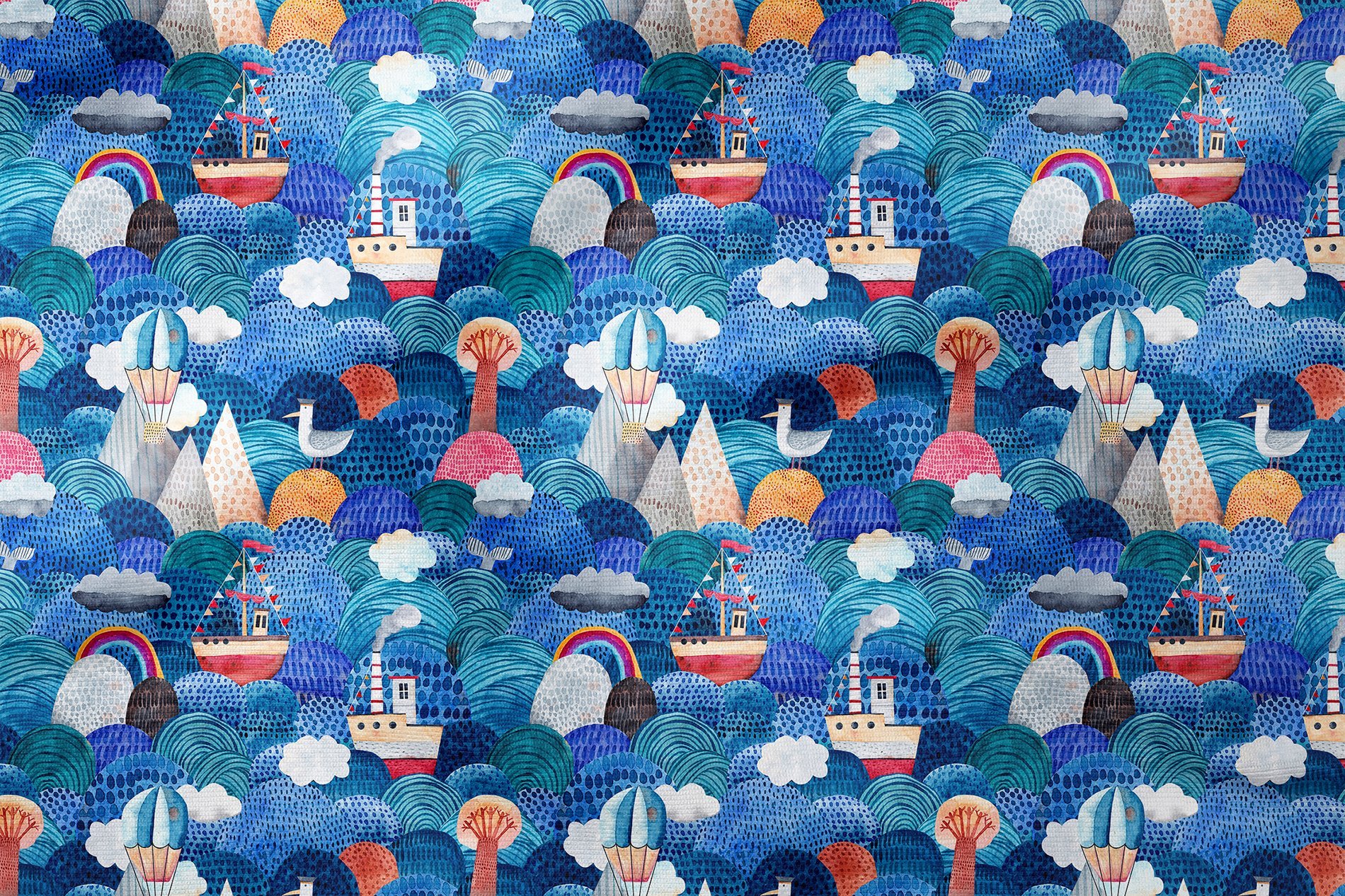 Cute watercolor with ships, reefs, balloon and clouds