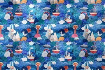 Cute watercolor with ships, reefs, balloon and clouds