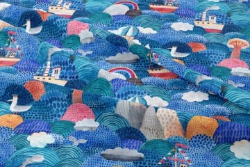 Cute watercolor with ships, reefs, balloon and clouds