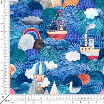 Cute watercolor with ships, reefs, balloon and clouds