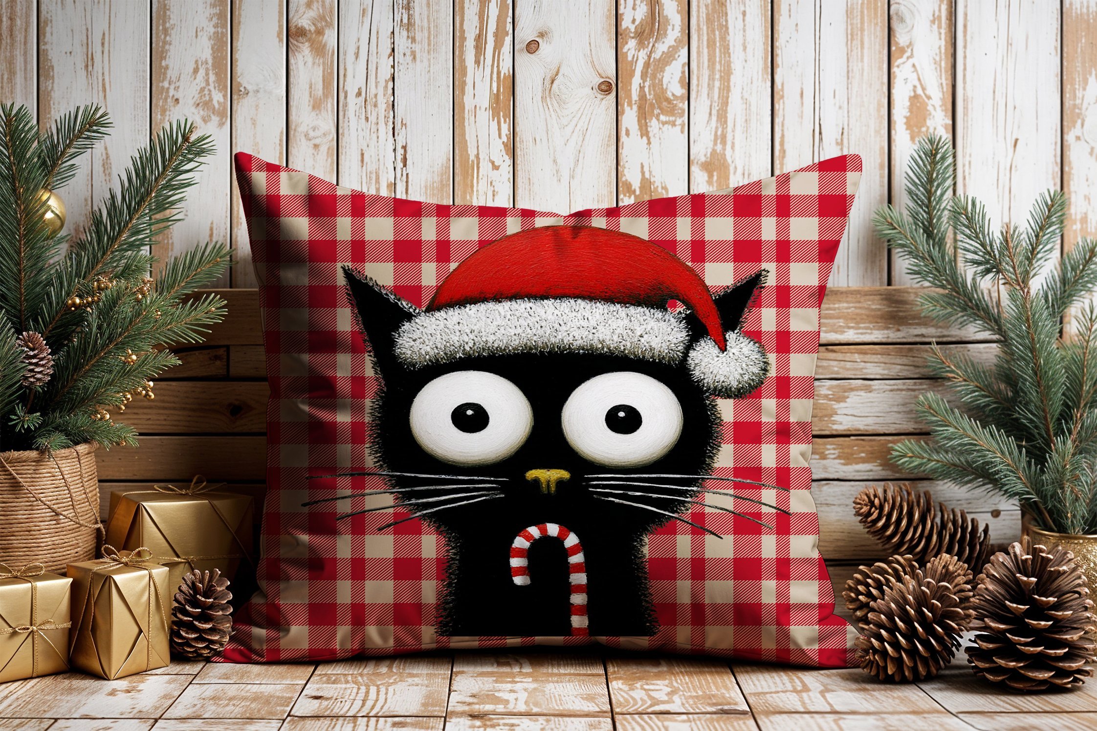 Yılbaşı Koleksiyonu- 45x45 cm Dikilmemiş 2’li Kırlent Paneli – Kırmızı Ekose Zemin Sevimli Kara Kediler