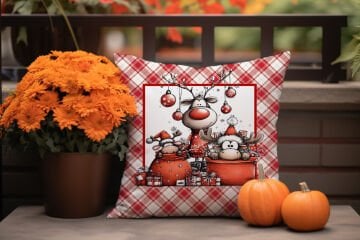 Yılbaşı Koleksiyonu- 45x45 cm Dikilmemiş 2’li Kırlent Paneli – Kırmızı Ekose Zemin Sevimli Geyik Ailesi