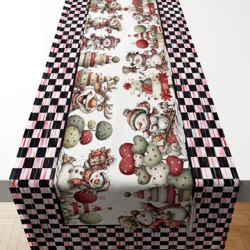 Yılbaşı Koleksiyonu- Yılbaşı Runner Dikişsiz Panel Kumaş Sıyah Kırmızı Kare Zemin Sevimli Kardan Adamlar
