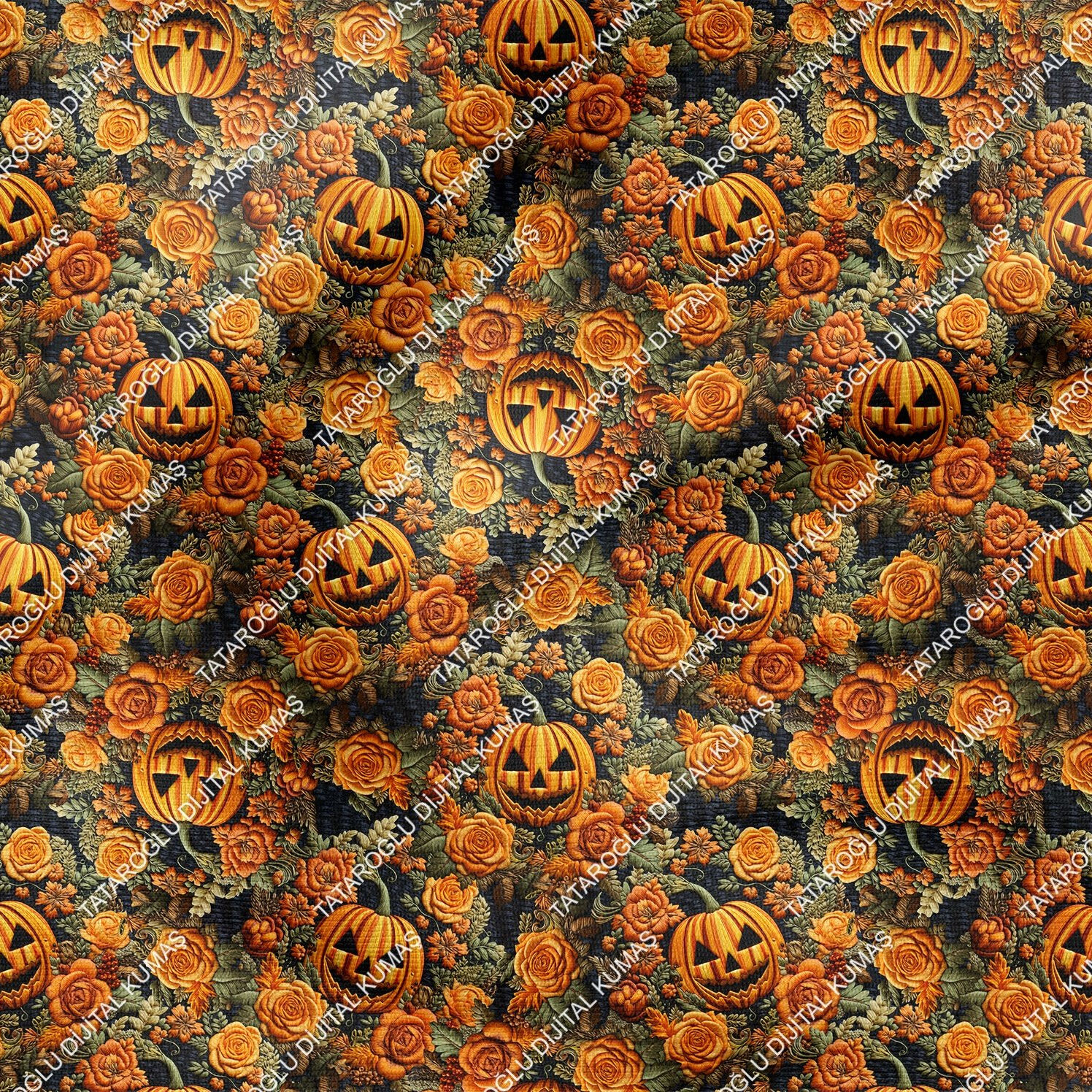 Happy Halloween 3D Örgü Çiçekli Bal Kabakları Desenli Dekoratif Tasarım Dijital Baskılı Kumaş
