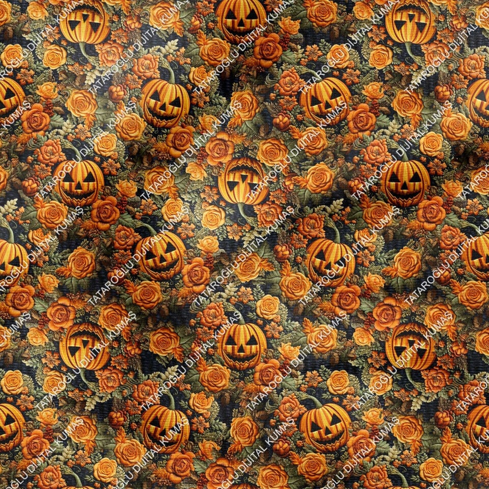 Happy Halloween 3D Örgü Çiçekli Bal Kabakları Desenli Dekoratif Tasarım Dijital Baskılı Kumaş