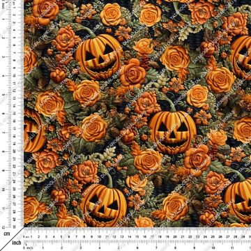 Happy Halloween 3D Örgü Çiçekli Bal Kabakları Desenli Dekoratif Tasarım Dijital Baskılı Kumaş