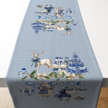 Mavi Çuval Efektli Yılbaşı Runner (Dikilmemiş)Kumaşı