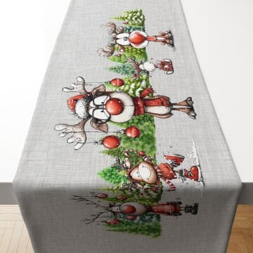 Yılbaşı Koleksiyonu- Yılbaşı Runner Dikişsiz Panel Kumaş KETEN  Zemin Efektli Orman Hayvanları