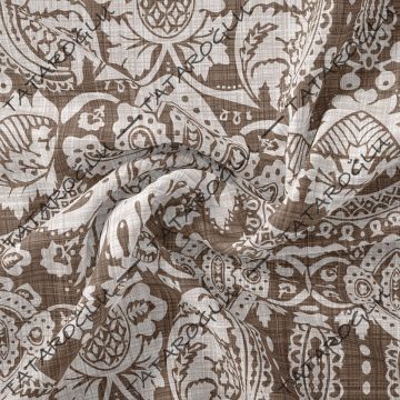 Kahve Krem Keten Efektli Damask Desenli Kumaş(SONBAHAR İNDİRİMİ)