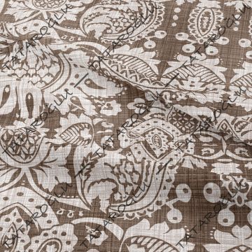 Kahve Krem Keten Efektli Damask Desenli Kumaş(SONBAHAR İNDİRİMİ)