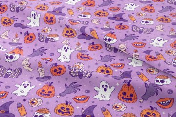 Happy Halloween Lila Zeminli Kesik Parmaklı,Kurukafalı,Balkabaklı,Hayaletler