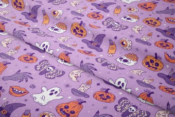 Happy Halloween Lila Zeminli Kesik Parmaklı,Kurukafalı,Balkabaklı,Hayaletler