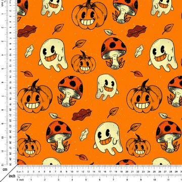 Happy Halloween Turuncu Zeminli Mantarlı,Yapraklı,Balkabaklı Hayaletler
