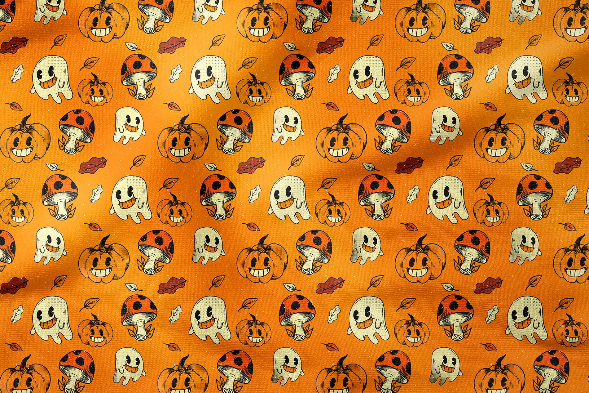 Happy Halloween Turuncu Zeminli Mantarlı,Yapraklı,Balkabaklı Hayaletler
