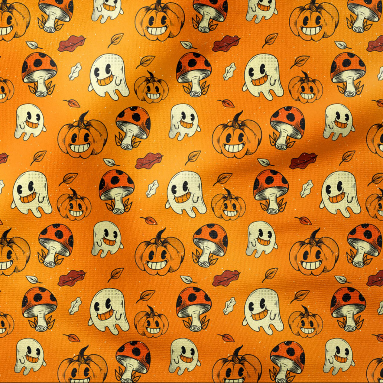 Happy Halloween Turuncu Zeminli Mantarlı,Yapraklı,Balkabaklı Hayaletler