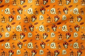 Happy Halloween Turuncu Zeminli Mantarlı,Yapraklı,Balkabaklı Hayaletler