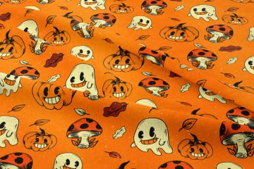 Happy Halloween Turuncu Zeminli Mantarlı,Yapraklı,Balkabaklı Hayaletler