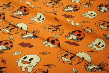 Happy Halloween Turuncu Zeminli Mantarlı,Yapraklı,Balkabaklı Hayaletler
