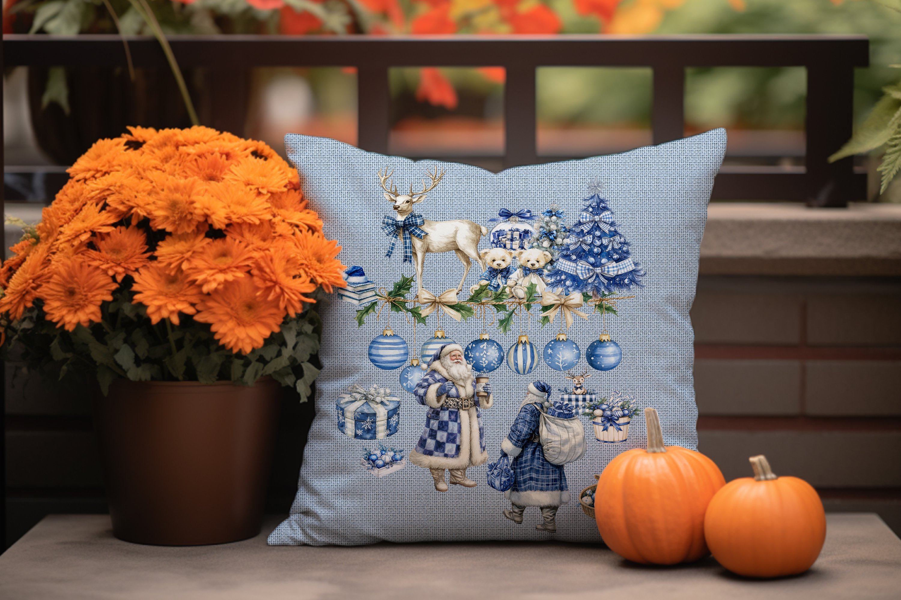 Mavi Çuval Efektli Yılbaşı Leke Tutmayan 2'li Panel (Dikilmemiş)Kırlent Kumaş