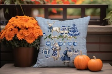 Mavi Çuval Efektli Yılbaşı Leke Tutmayan 2'li Panel (Dikilmemiş)Kırlent Kumaş