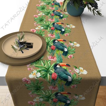 50 cm'lik Runner Jüt Efektli Kuş Desenli Kumaş(SONBAHAR İNDİRİMİ)