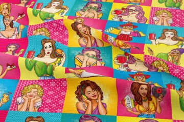 Renkli Kadın Portreli Popart Dijital Baskı Kumaş
