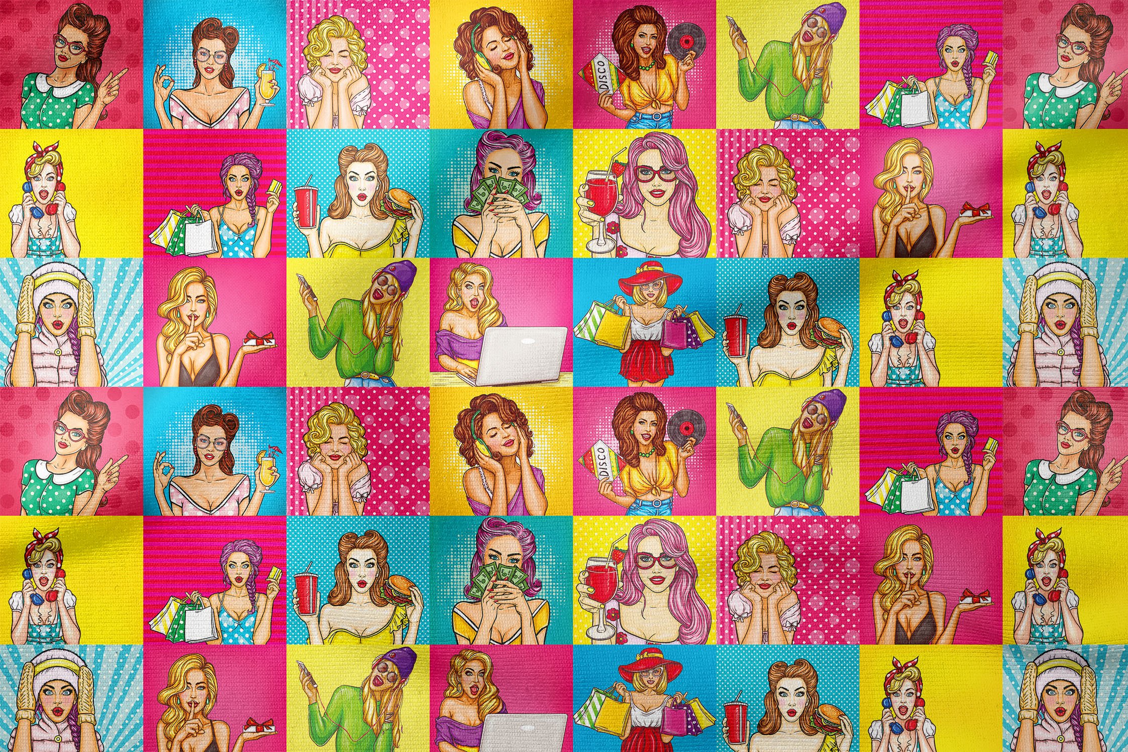 Renkli Kadın Portreli Popart Dijital Baskı Kumaş