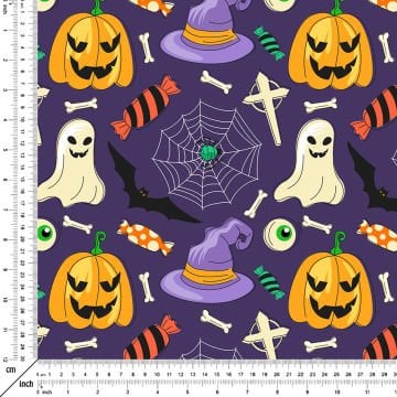 Happy Halloween Mor Zeminli Hayalet Balkabakları, Yarasa, Şekerleme, Örümcek Ağ