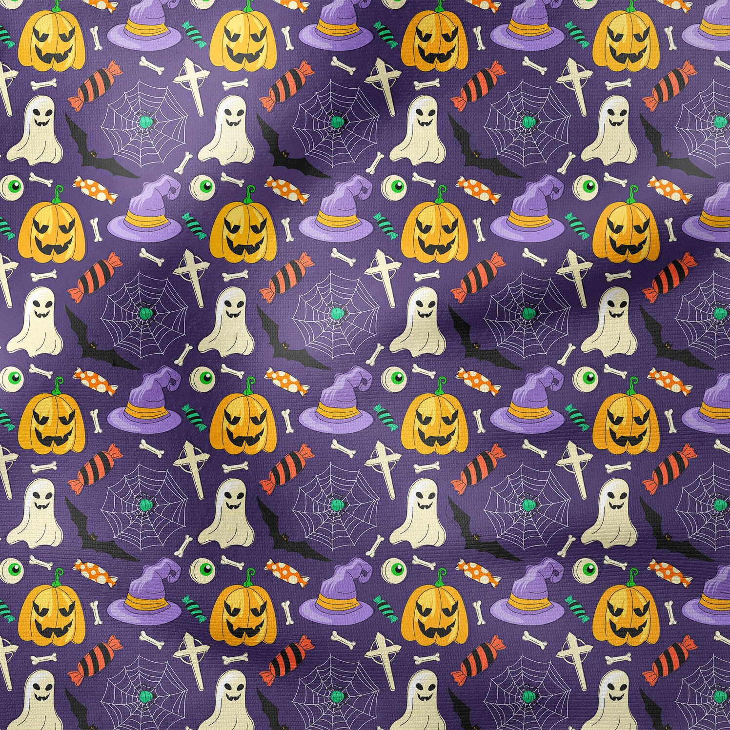Happy Halloween Mor Zeminli Hayalet Balkabakları, Yarasa, Şekerleme, Örümcek Ağ