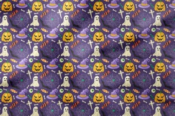 Happy Halloween Mor Zeminli Hayalet Balkabakları, Yarasa, Şekerleme, Örümcek Ağ