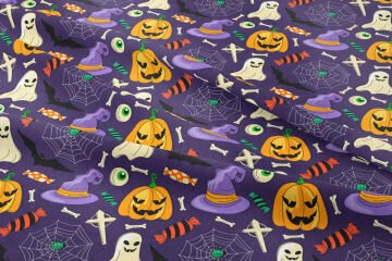 Happy Halloween Mor Zeminli Hayalet Balkabakları, Yarasa, Şekerleme, Örümcek Ağ