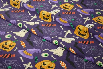 Happy Halloween Mor Zeminli Hayalet Balkabakları, Yarasa, Şekerleme, Örümcek Ağ