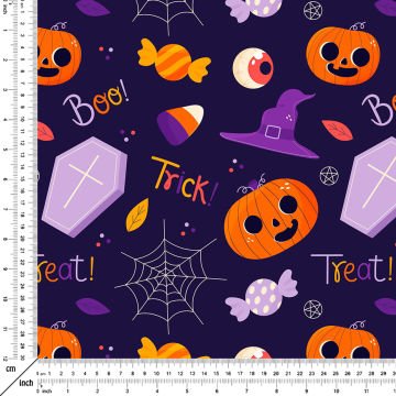 Happy Halloween Mor Zeminli Hayalet Balkabağı, Tabut, Örümcek Ağ, Tek Göz, Şekerleme