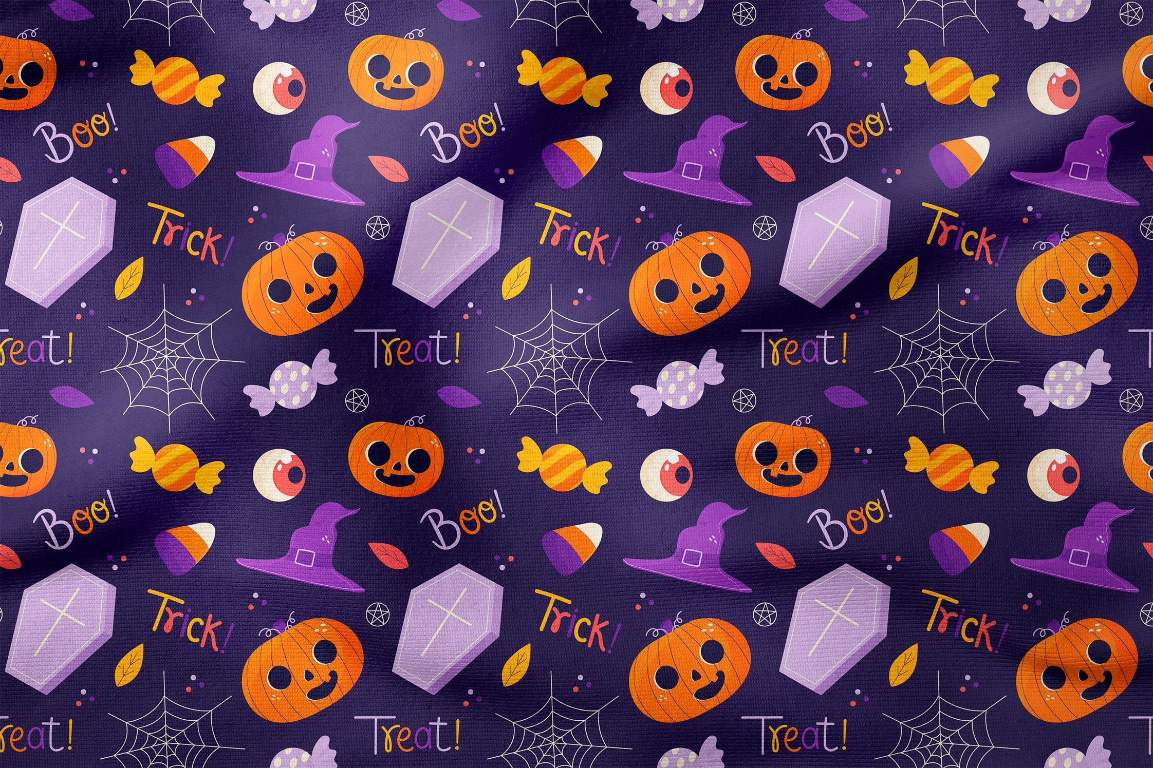 Happy Halloween Mor Zeminli Hayalet Balkabağı, Tabut, Örümcek Ağ, Tek Göz, Şekerleme