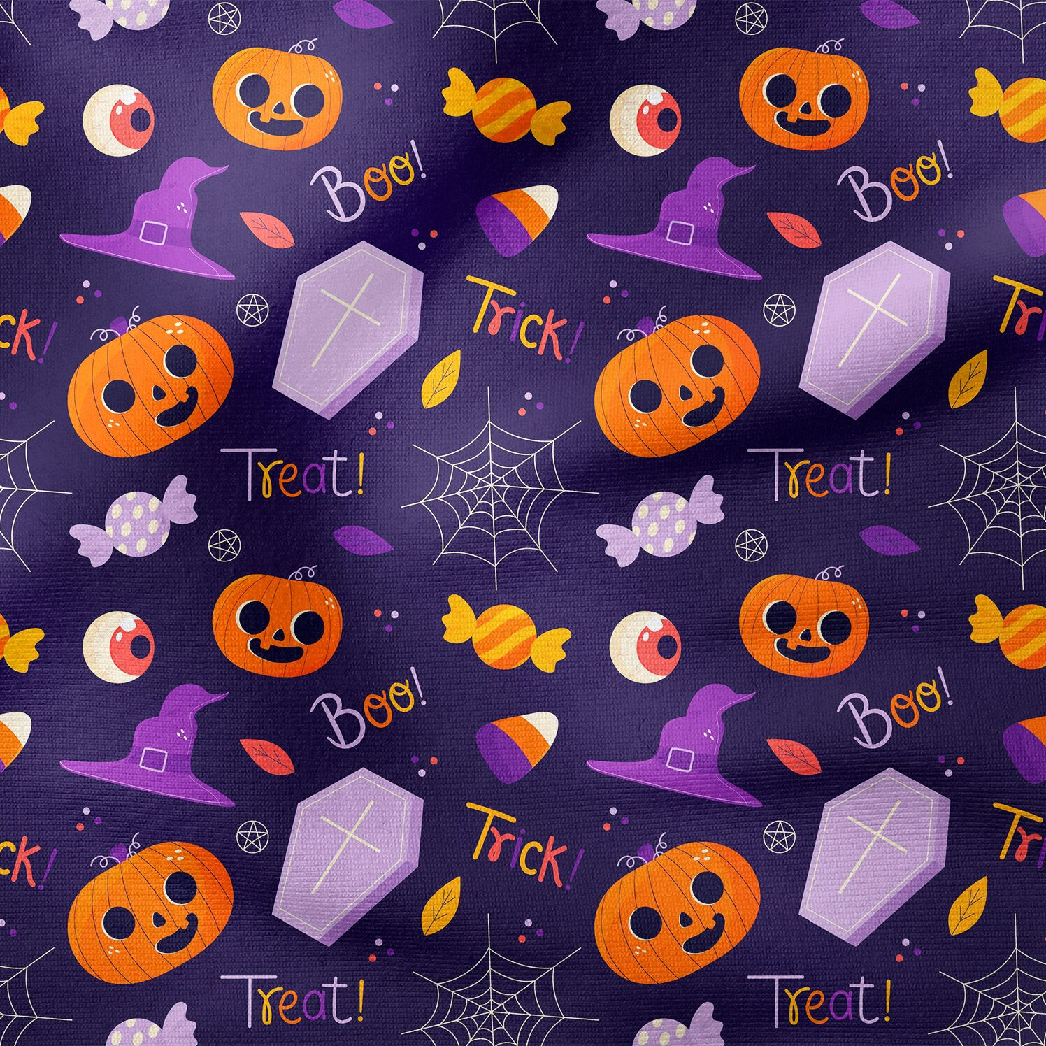 Happy Halloween Mor Zeminli Hayalet Balkabağı, Tabut, Örümcek Ağ, Tek Göz, Şekerleme