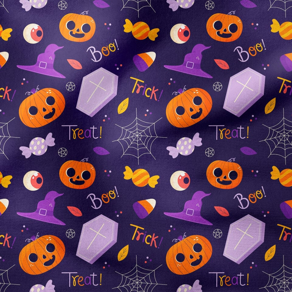 Happy Halloween Mor Zeminli Hayalet Balkabağı, Tabut, Örümcek Ağ, Tek Göz, Şekerleme